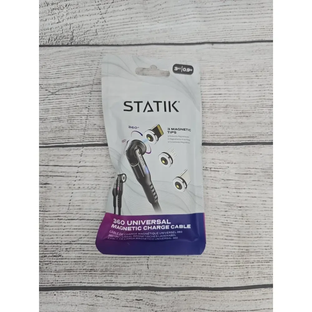 STATIK 360 Rotating Universal Magnetic Charging Cable 3ft / 0.9m w/ 3 Tips NEW